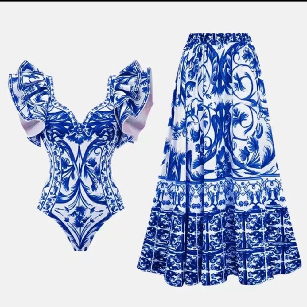 Blue and White Floral swimsuit and Skirt Set